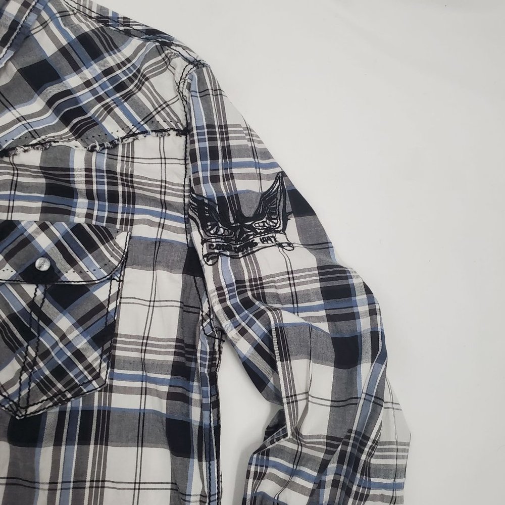 BKE Men's Slim Fit Stretch Blue/Gray Plaid Snap Front Long Sleeve Shirt X-Large - Picture 6 of 12